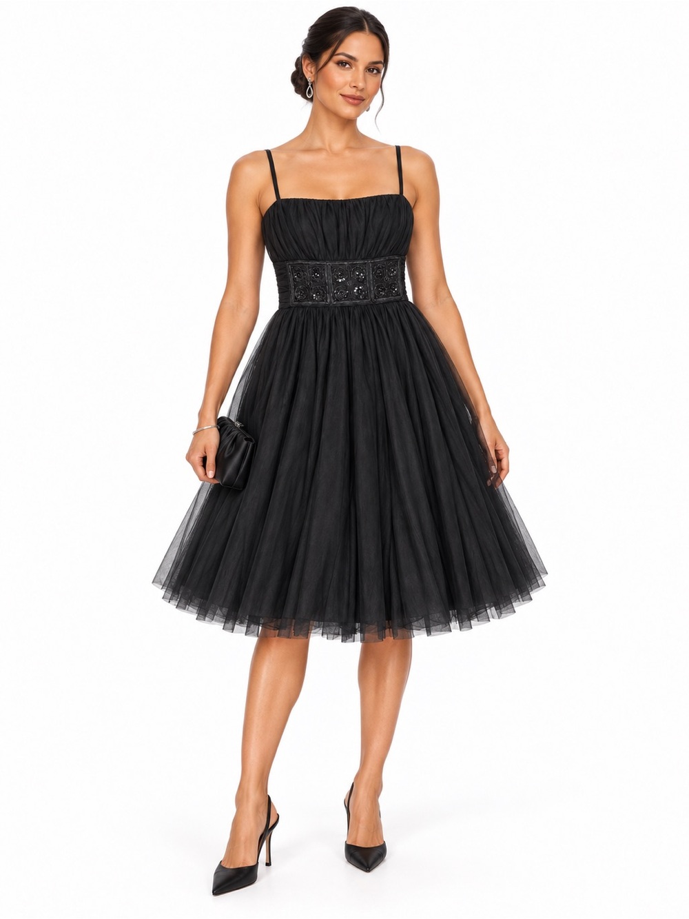 Cache SZ 6 Black Tulle Spaghetti Strap Dress w/ Embellished Waist/Bust 32”